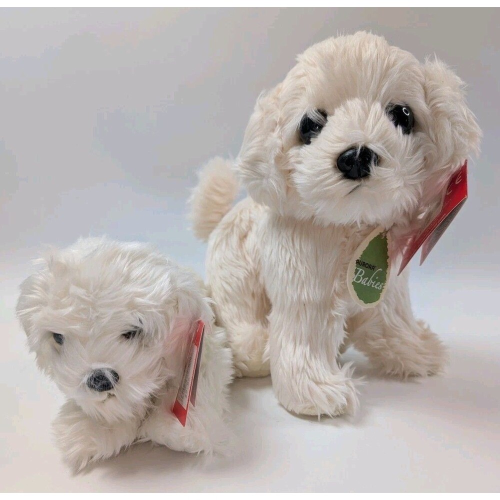 Aurora Babies Dogs Bijon Frise Set of 2 Small White Puppy Stuffed Animals NWT
